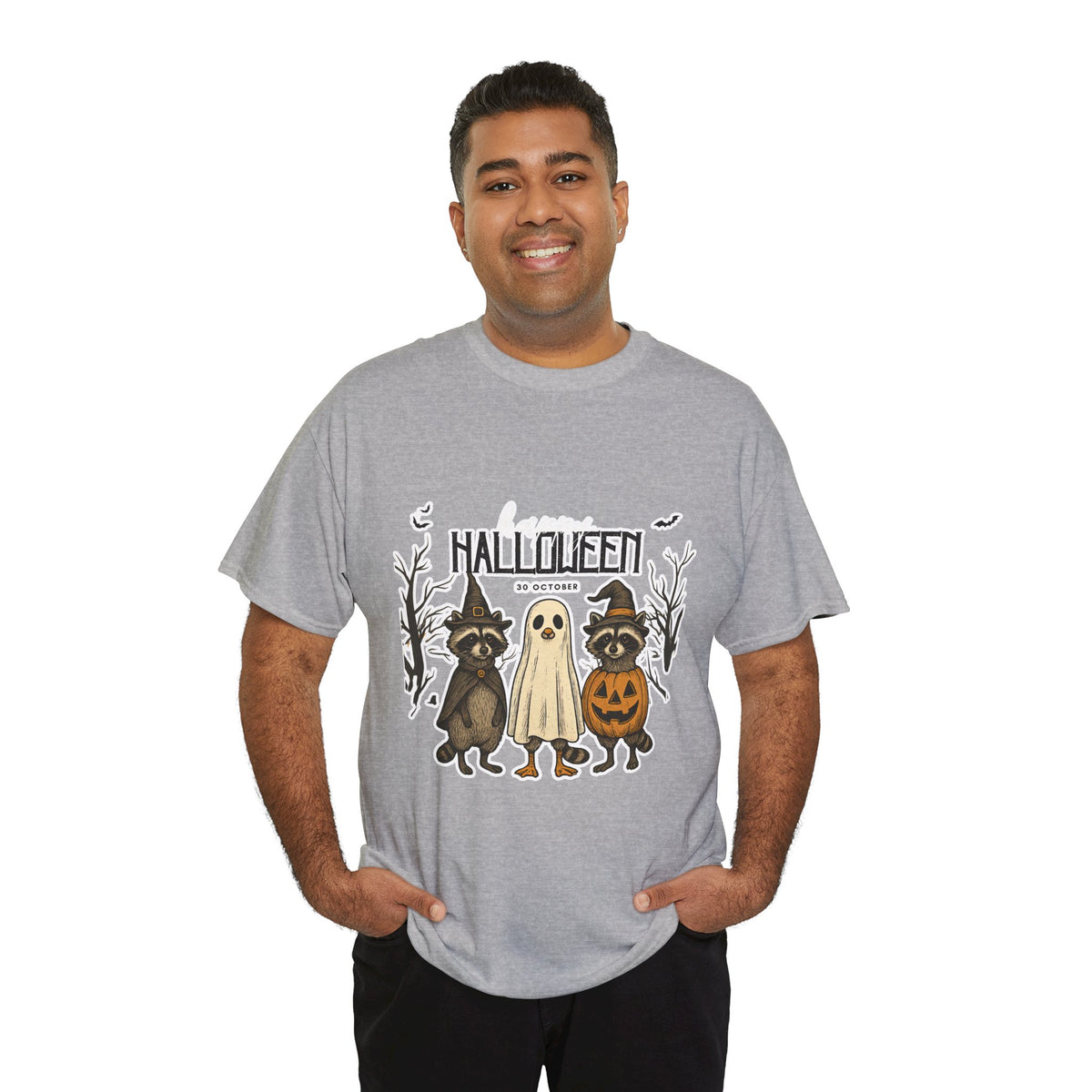 Halloween Raccoon Ghost Pumpkin T‑Shirt — Cute Spooky Costume Trio Tee