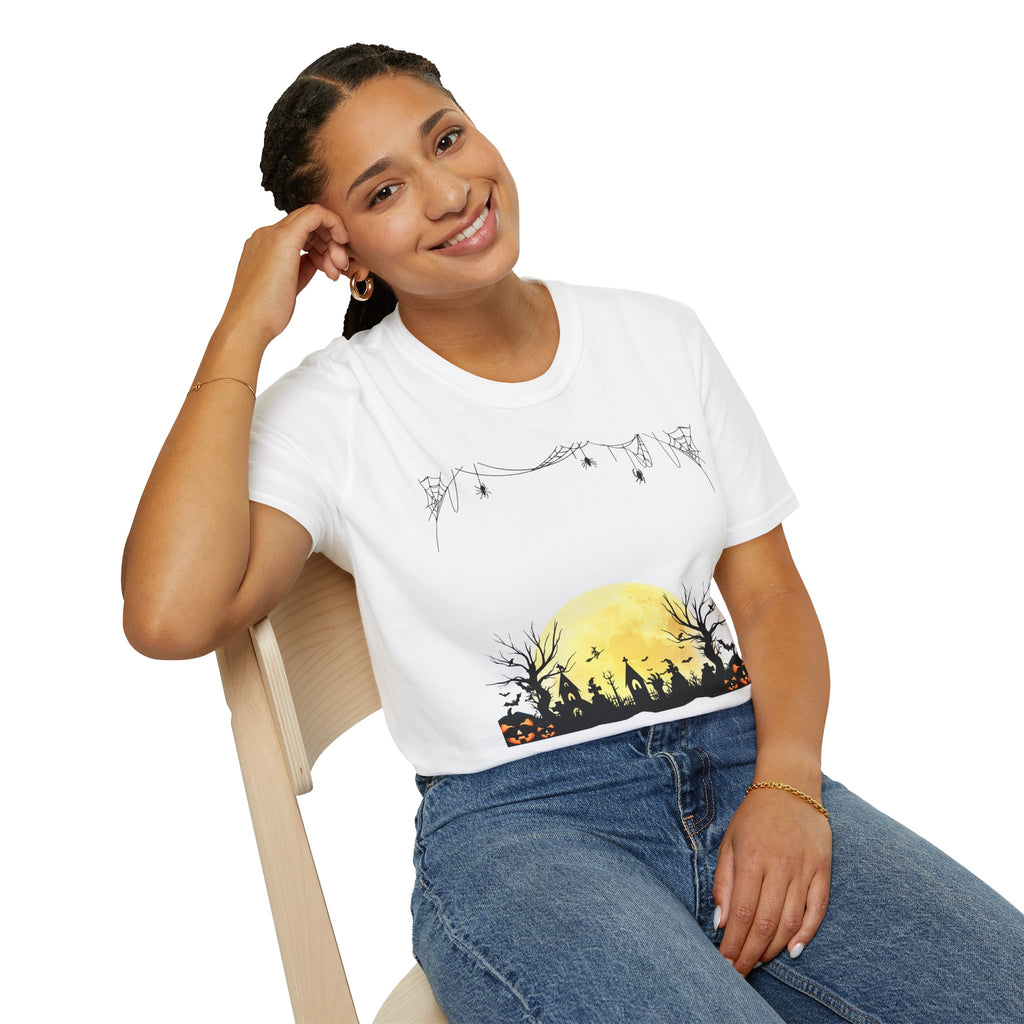 Halloween Moon Silhouette T-Shirt — Spooky Graveyard Pumpkin Scene