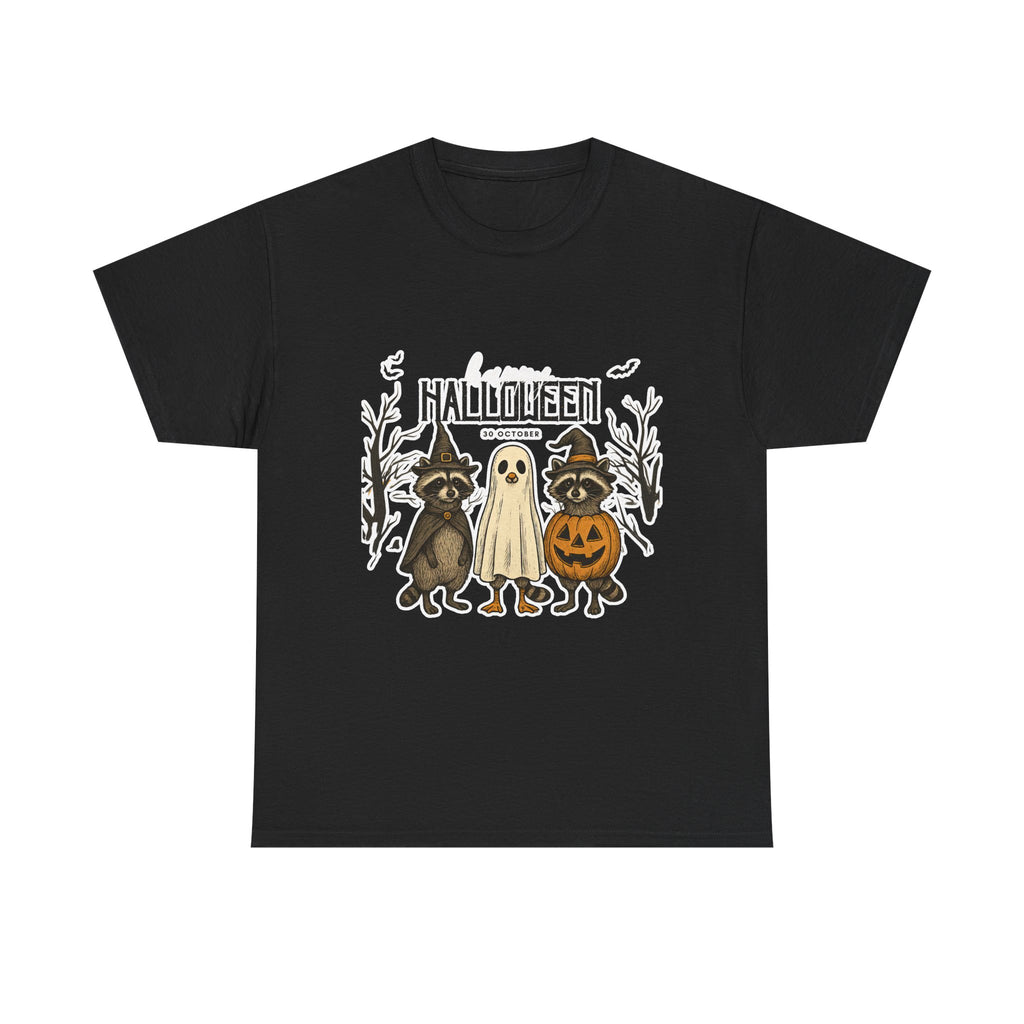 Halloween Raccoon Ghost Pumpkin T‑Shirt — Cute Spooky Costume Trio Tee