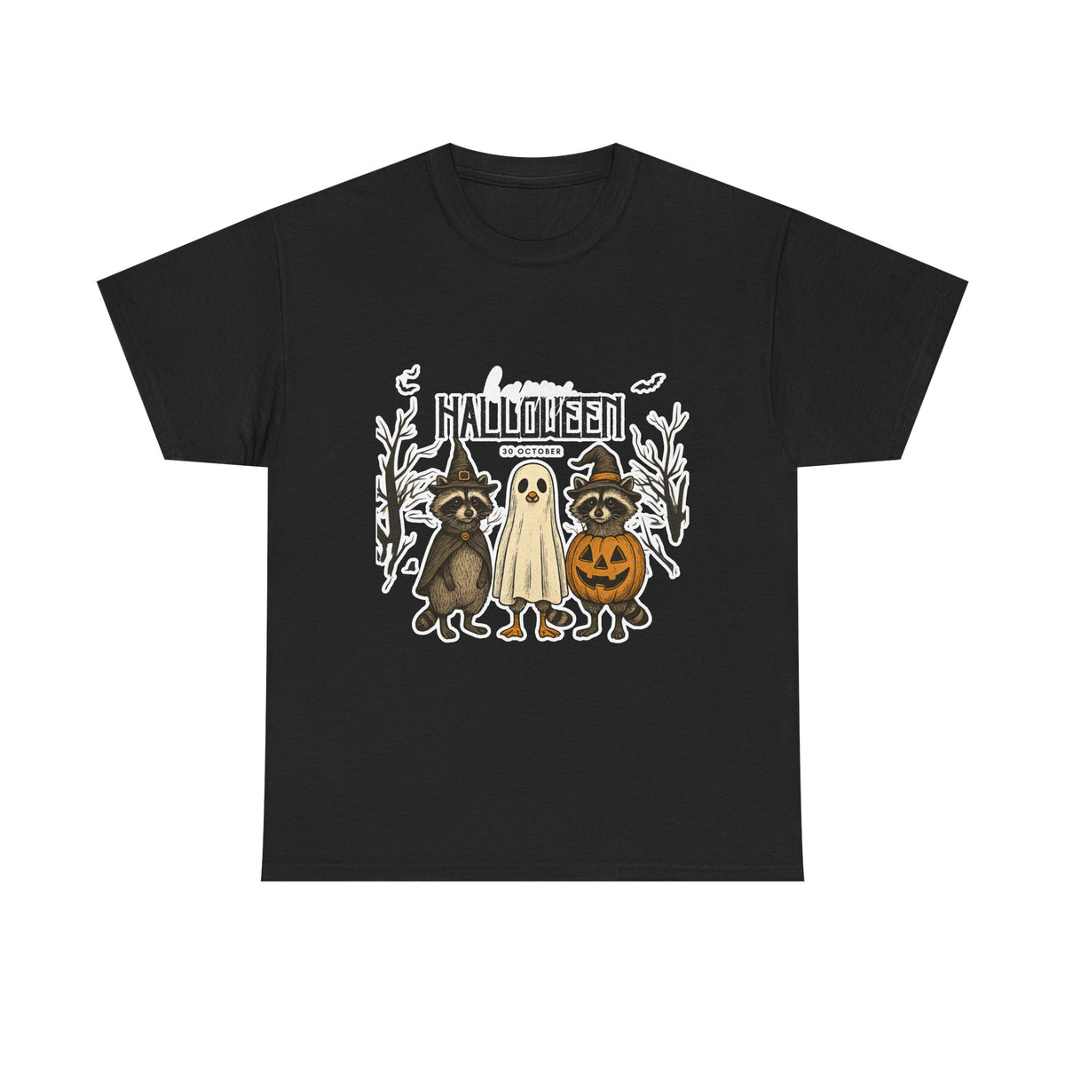 Halloween Raccoon Ghost Pumpkin T‑Shirt — Cute Spooky Costume Trio Tee
