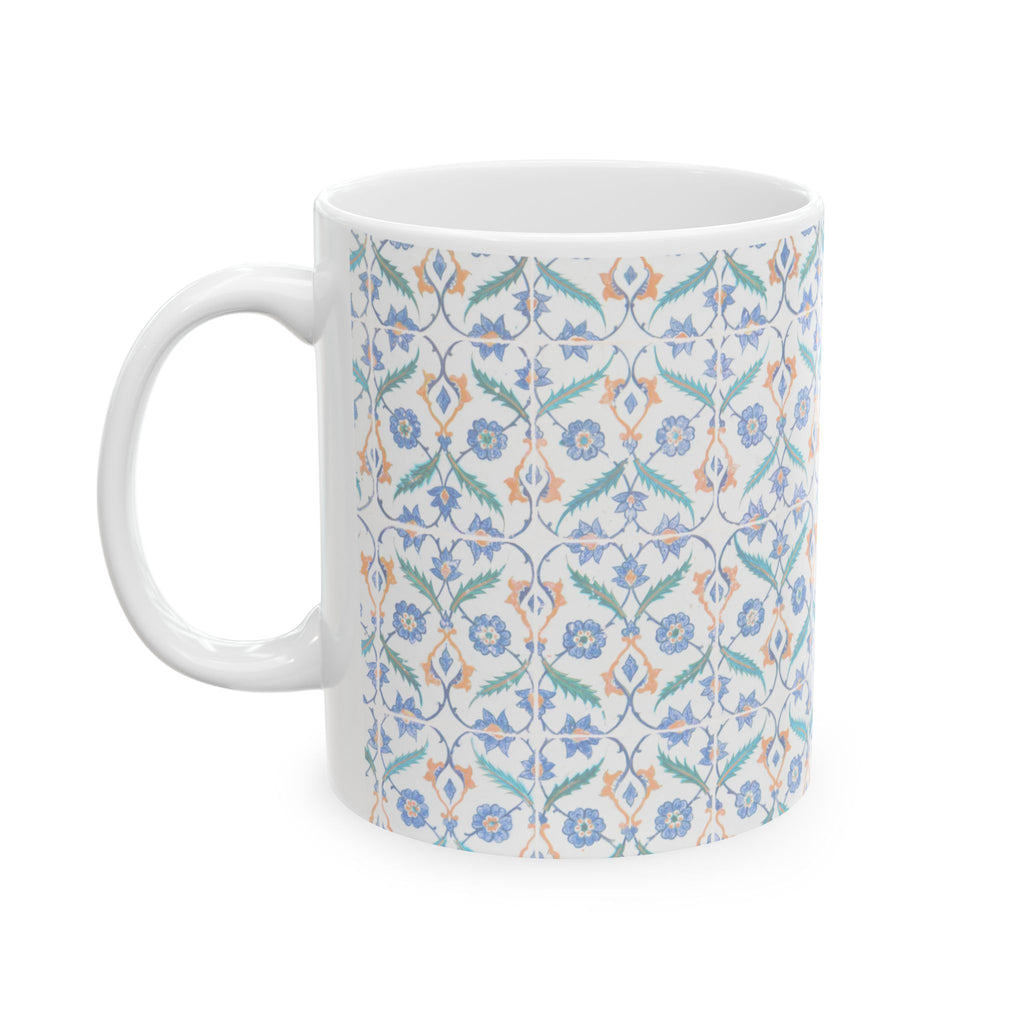 Floral Tile Pattern Ceramic Mug – Blue & Orange Decorative Coffee Cup (11oz/15oz)