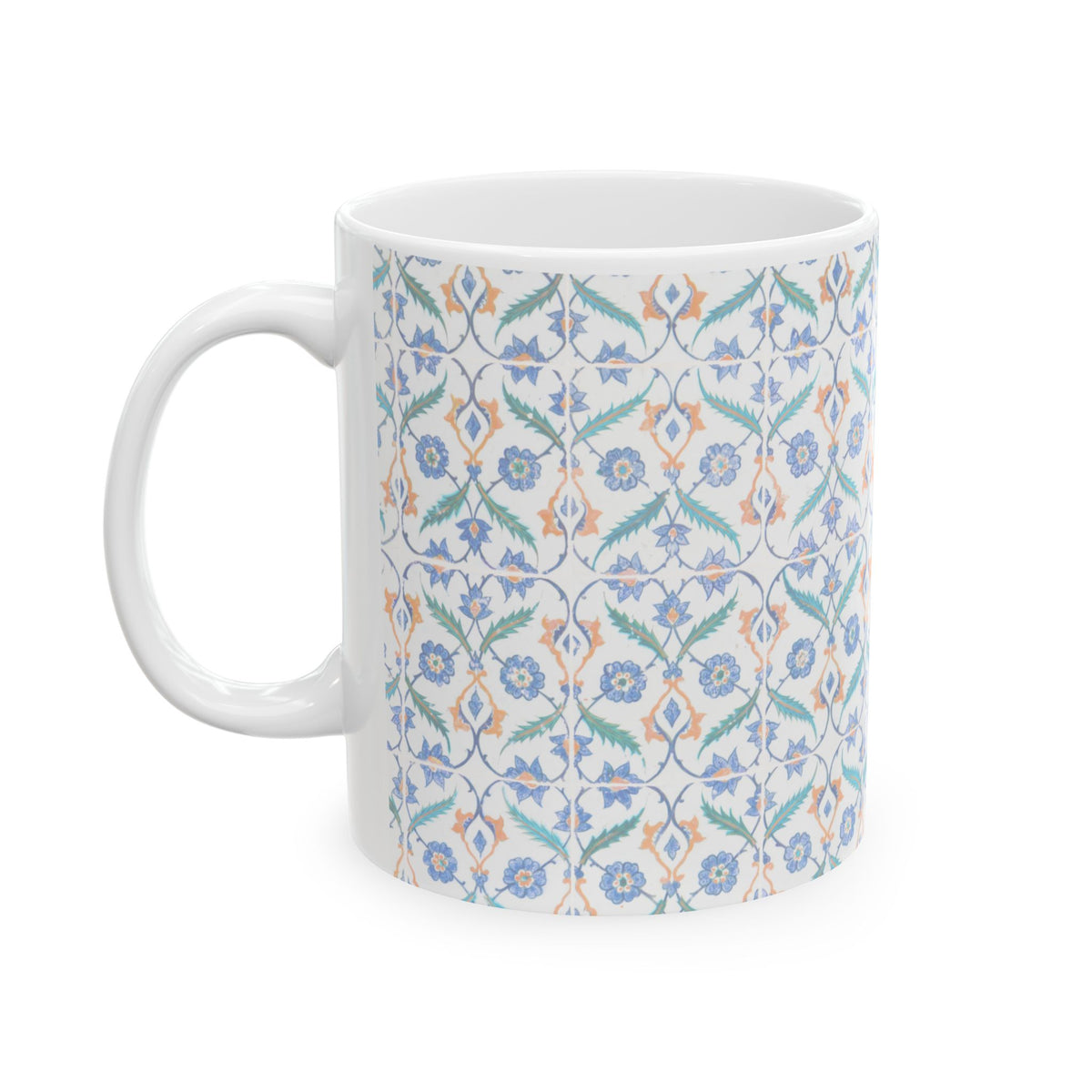Floral Tile Pattern Ceramic Mug – Blue & Orange Decorative Coffee Cup (11oz/15oz)