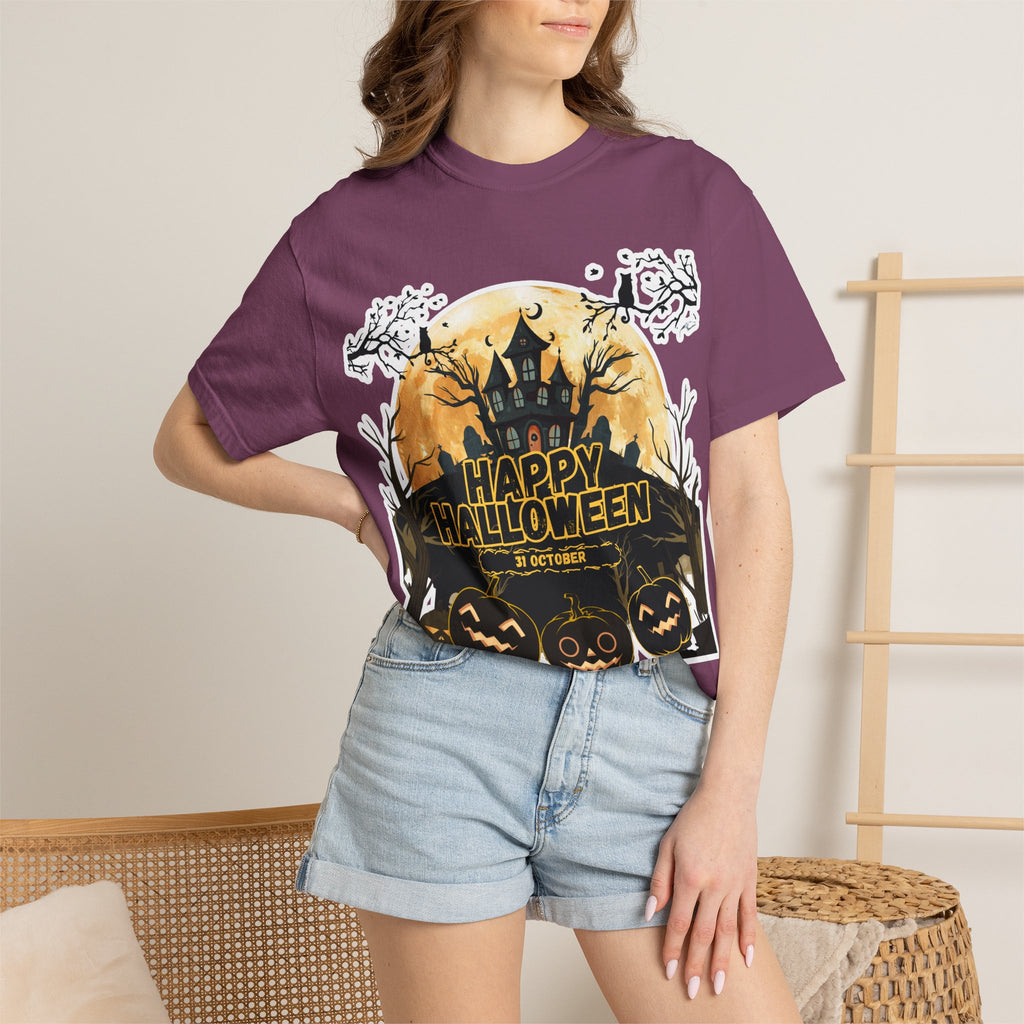 Halloween Haunted House T-Shirt — "Happy Halloween" Pumpkin Graphic Tee