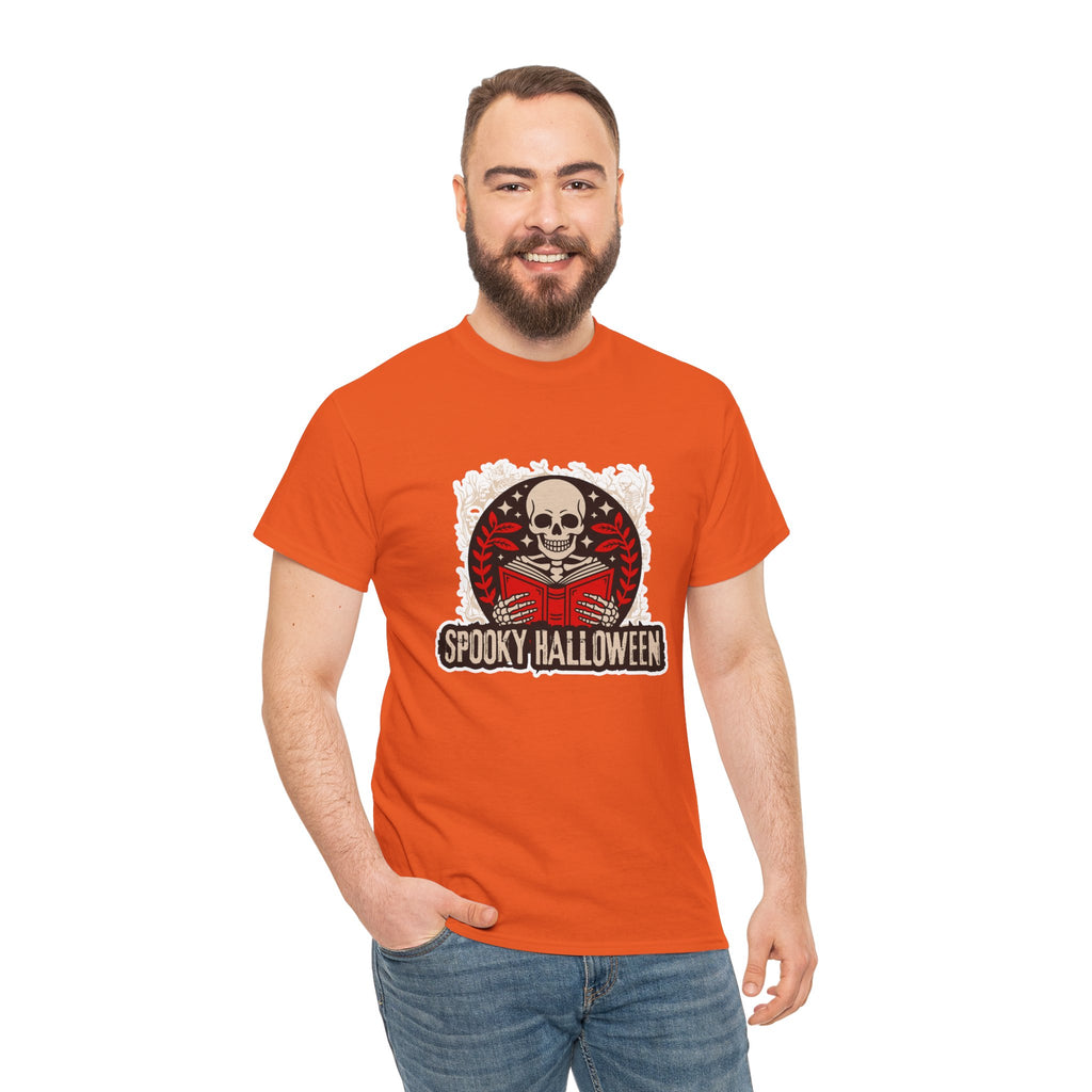 Spooky Halloween Skull Tee — Vintage Skeleton Reading Book Halloween T-Shirt