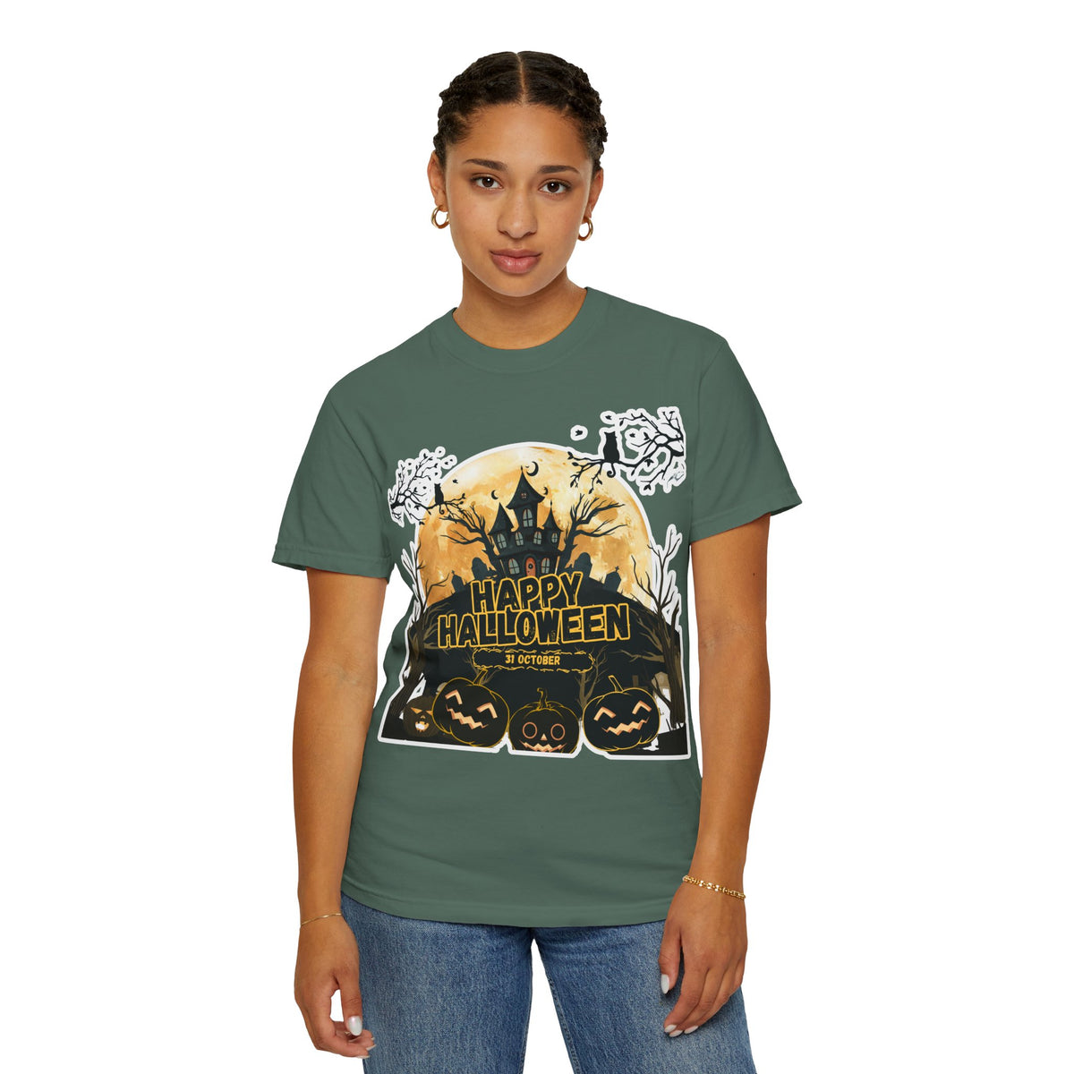 Halloween Haunted House T-Shirt — "Happy Halloween" Pumpkin Graphic Tee