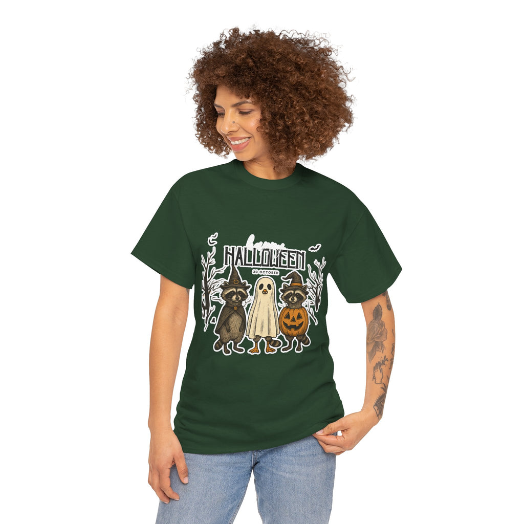 Halloween Raccoon Ghost Pumpkin T‑Shirt — Cute Spooky Costume Trio Tee