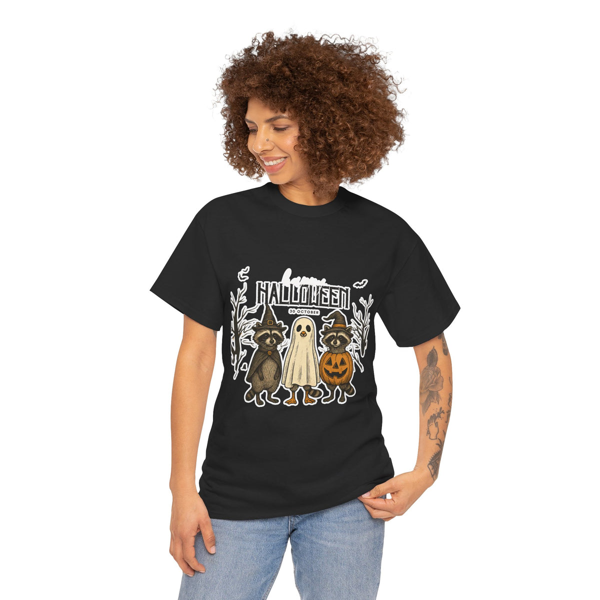 Halloween Raccoon Ghost Pumpkin T‑Shirt — Cute Spooky Costume Trio Tee