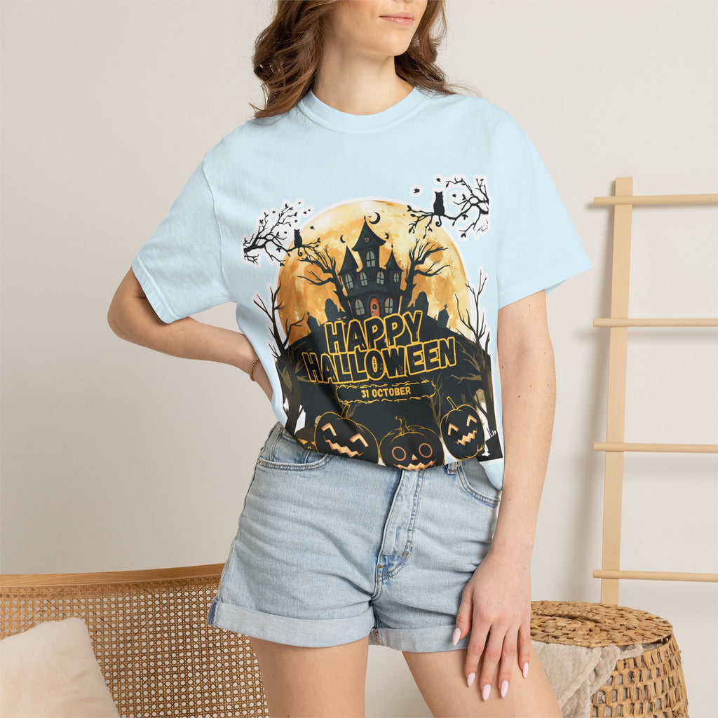 Halloween Haunted House T-Shirt — "Happy Halloween" Pumpkin Graphic Tee