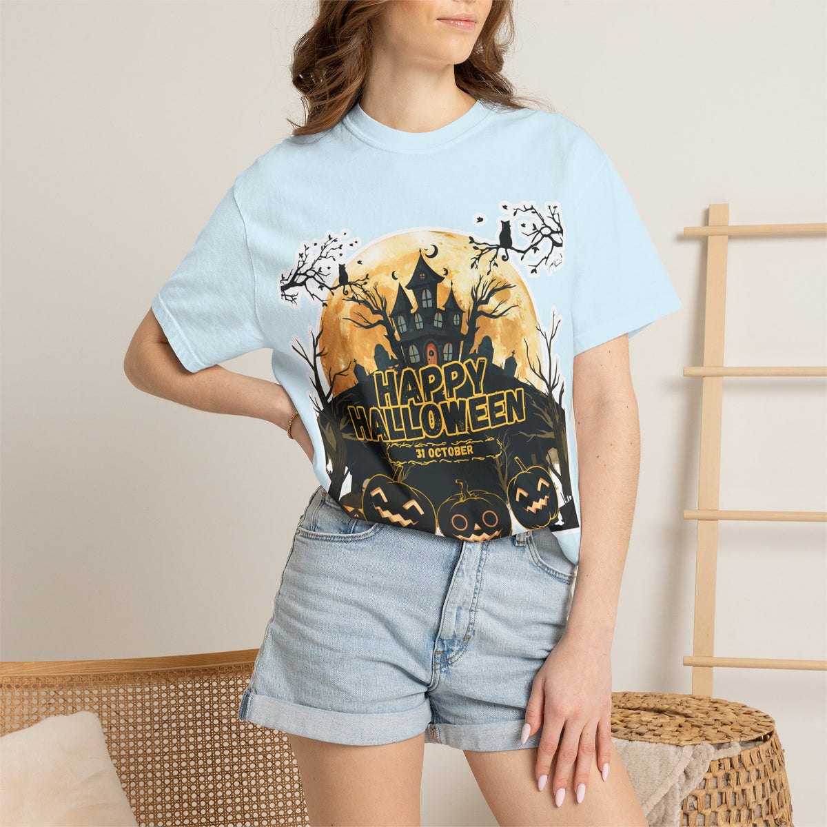 Halloween Haunted House T-Shirt — "Happy Halloween" Pumpkin Graphic Tee