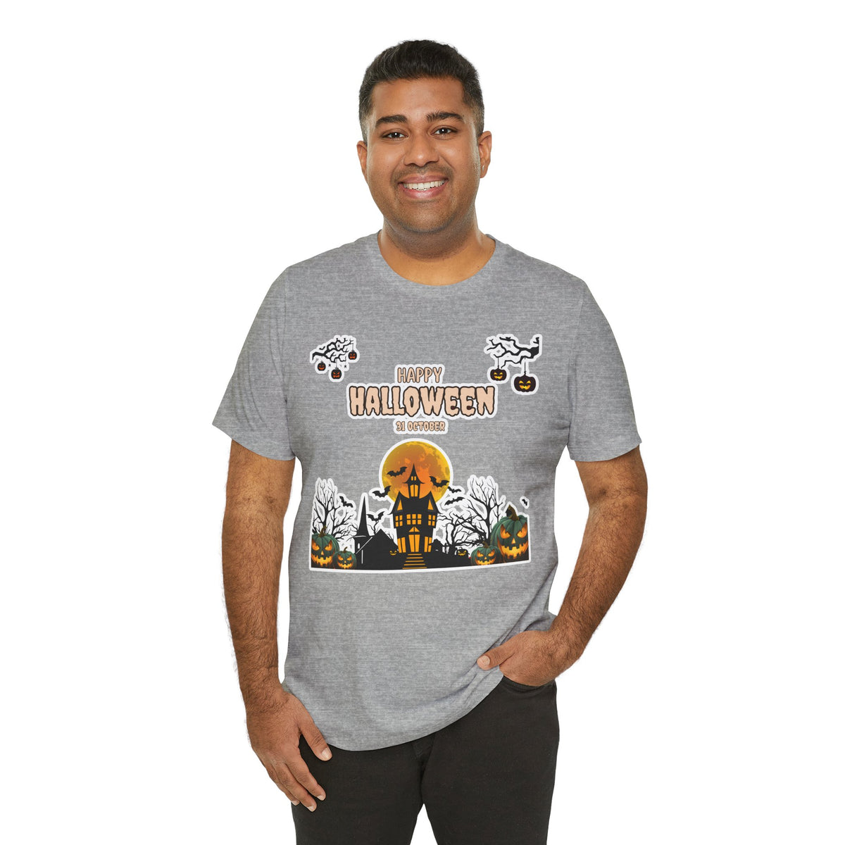 Halloween Haunted House T-Shirt — "Happy Halloween" Pumpkin Spooky Tee