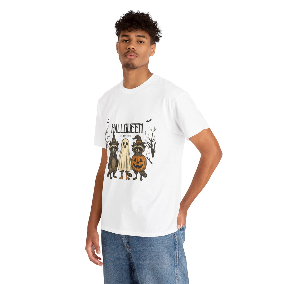 Halloween Raccoon Ghost Pumpkin T‑Shirt — Cute Spooky Costume Trio Tee