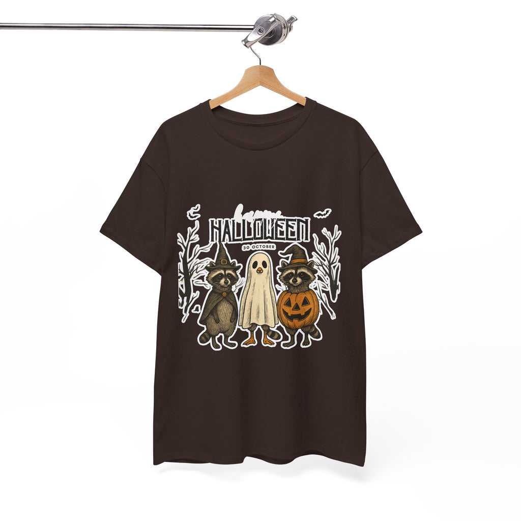 Halloween Raccoon Ghost Pumpkin T‑Shirt — Cute Spooky Costume Trio Tee