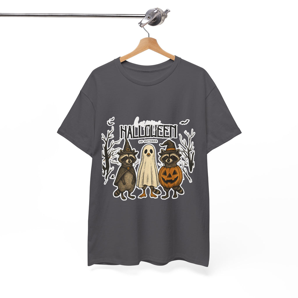 Halloween Raccoon Ghost Pumpkin T‑Shirt — Cute Spooky Costume Trio Tee