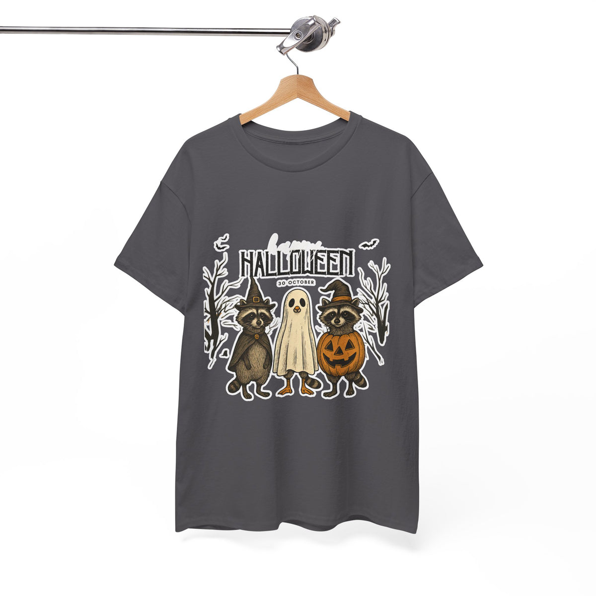 Halloween Raccoon Ghost Pumpkin T‑Shirt — Cute Spooky Costume Trio Tee