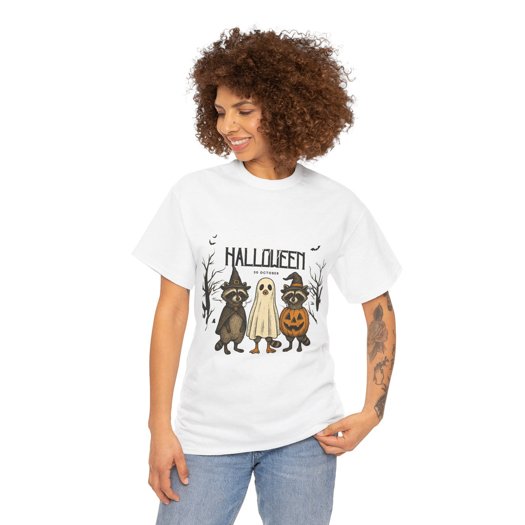 Halloween Raccoon Ghost Pumpkin T‑Shirt — Cute Spooky Costume Trio Tee