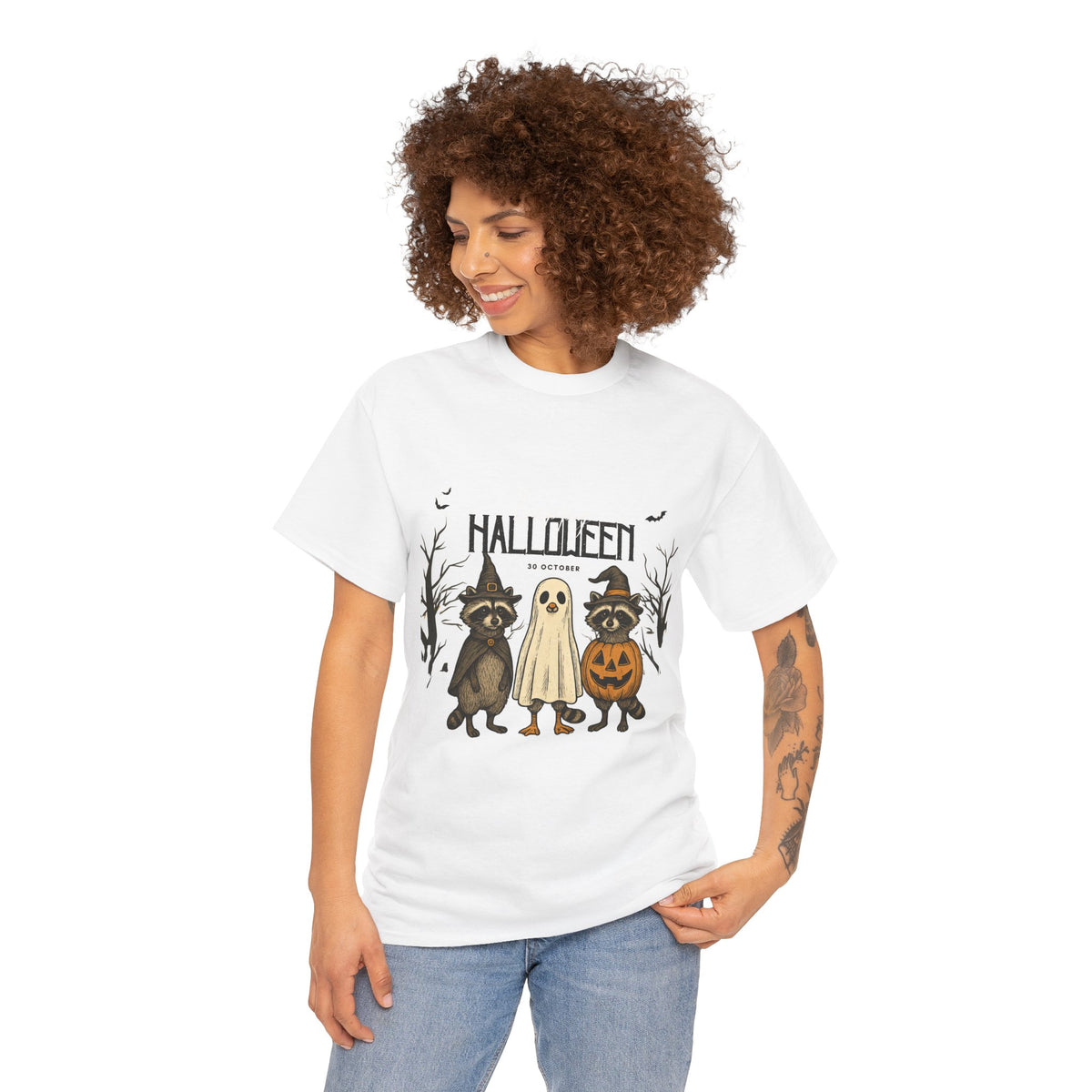 Halloween Raccoon Ghost Pumpkin T‑Shirt — Cute Spooky Costume Trio Tee