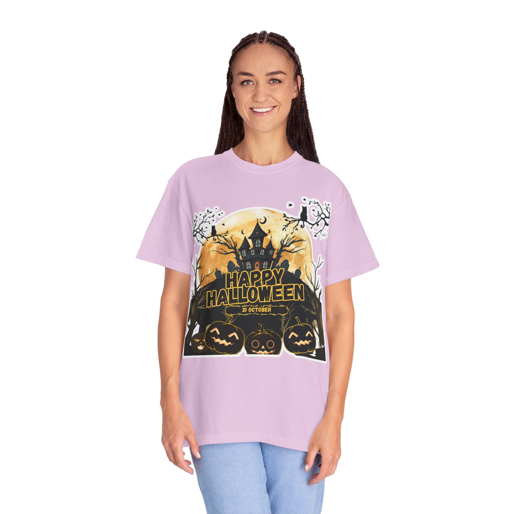 Halloween Haunted House T-Shirt — "Happy Halloween" Pumpkin Graphic Tee