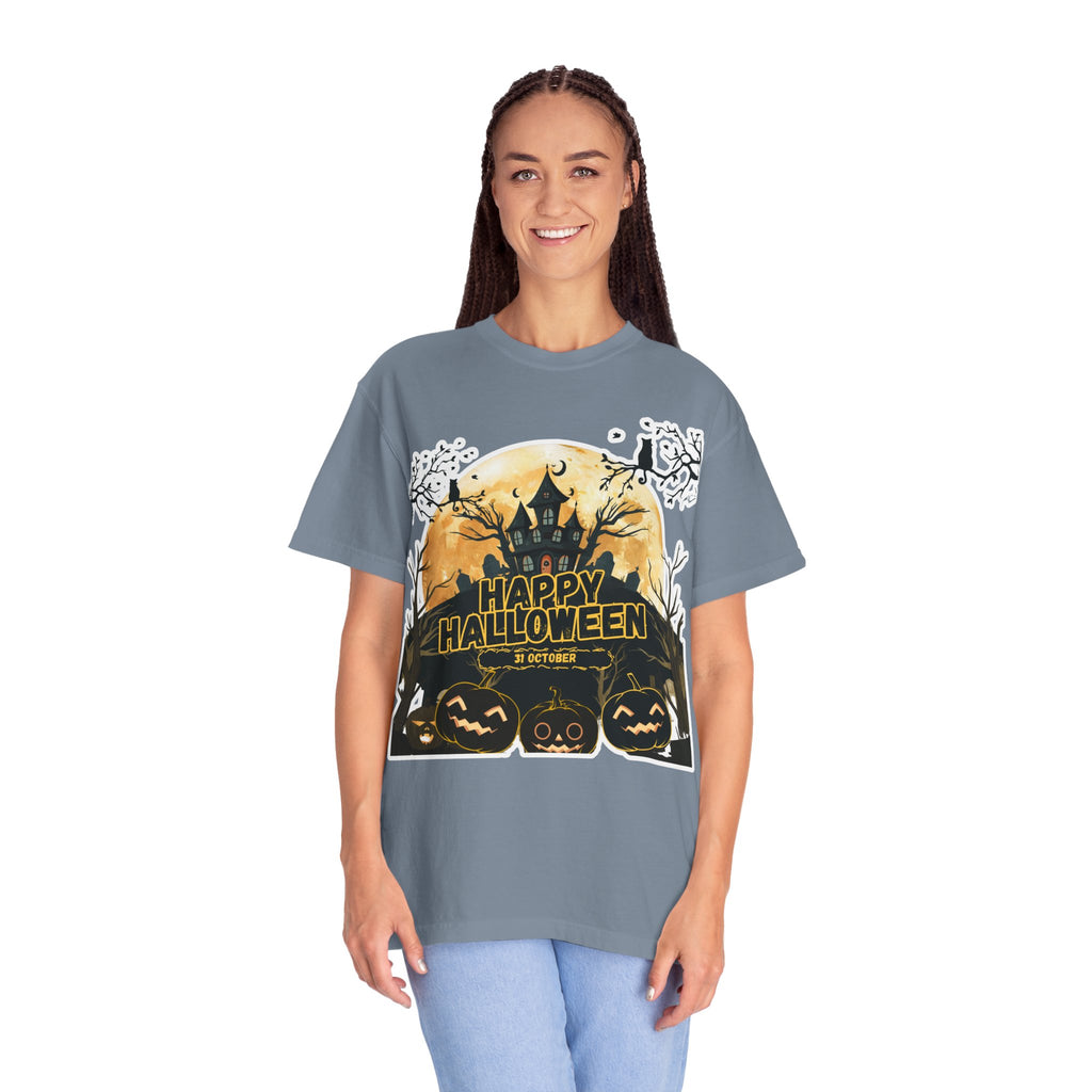 Halloween Haunted House T-Shirt — "Happy Halloween" Pumpkin Graphic Tee