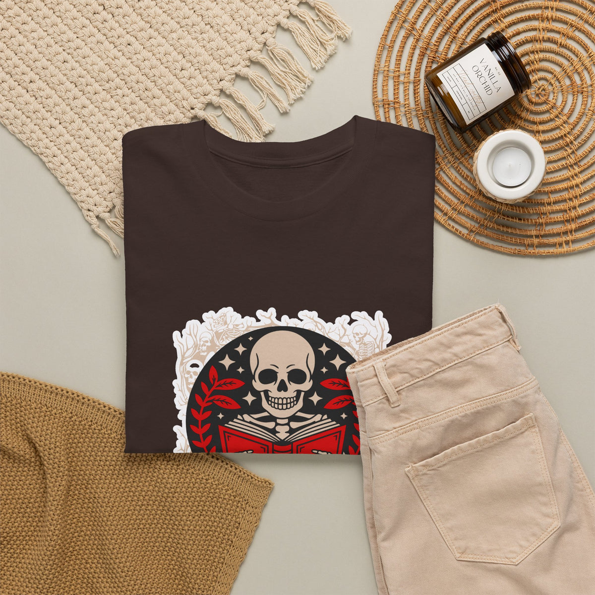 Spooky Halloween Skull Tee — Vintage Skeleton Reading Book Halloween T-Shirt