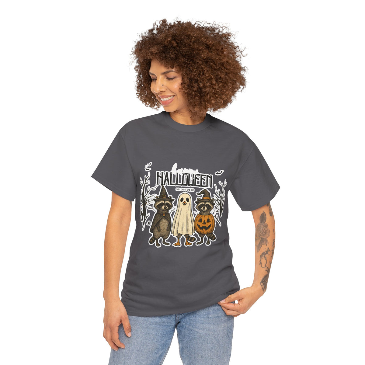 Halloween Raccoon Ghost Pumpkin T‑Shirt — Cute Spooky Costume Trio Tee