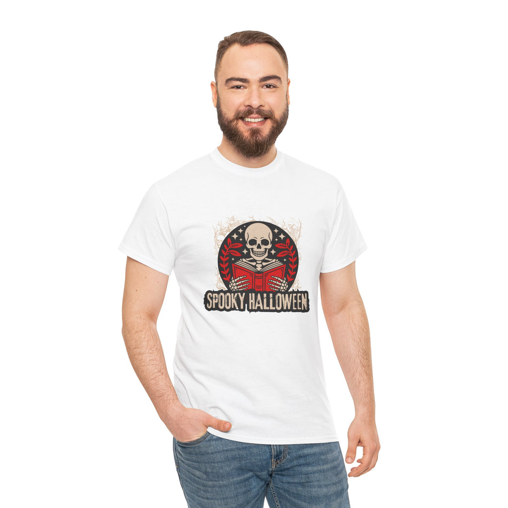 Spooky Halloween Skull Tee — Vintage Skeleton Reading Book Halloween T-Shirt