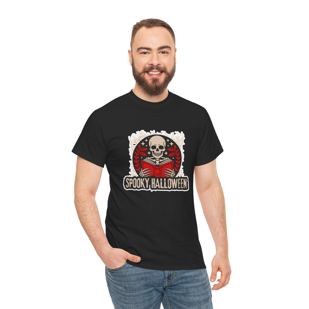 Spooky Halloween Skull Tee — Vintage Skeleton Reading Book Halloween T-Shirt