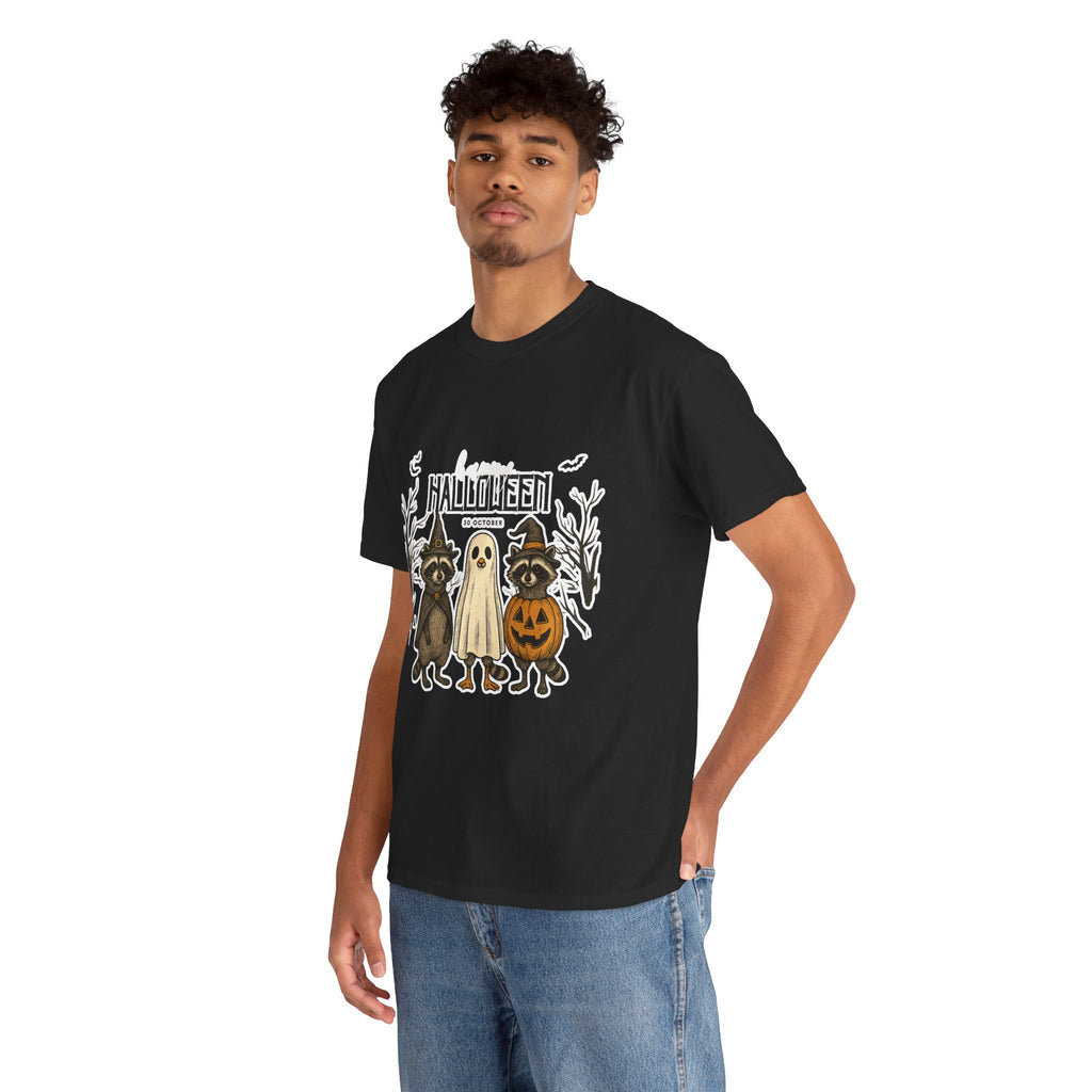 Halloween Raccoon Ghost Pumpkin T‑Shirt — Cute Spooky Costume Trio Tee