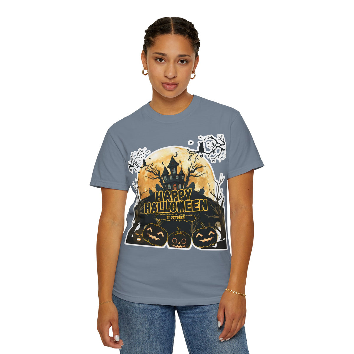 Halloween Haunted House T-Shirt — "Happy Halloween" Pumpkin Graphic Tee