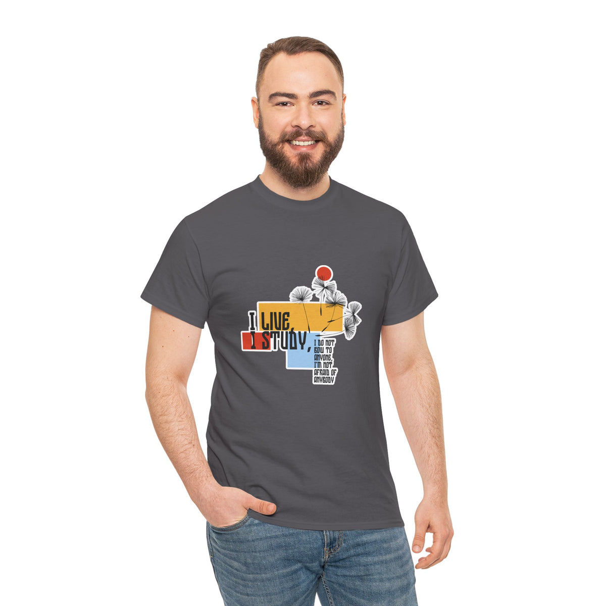 T-Shirt — I Live, I Study Graphic Tee (Minimalist Floral Collage)