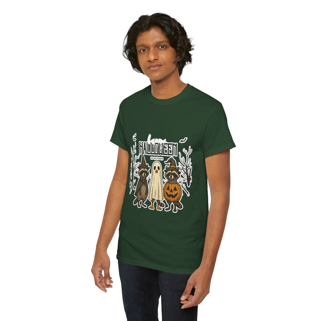 Halloween Raccoon Ghost Pumpkin T‑Shirt — Cute Spooky Costume Trio Tee