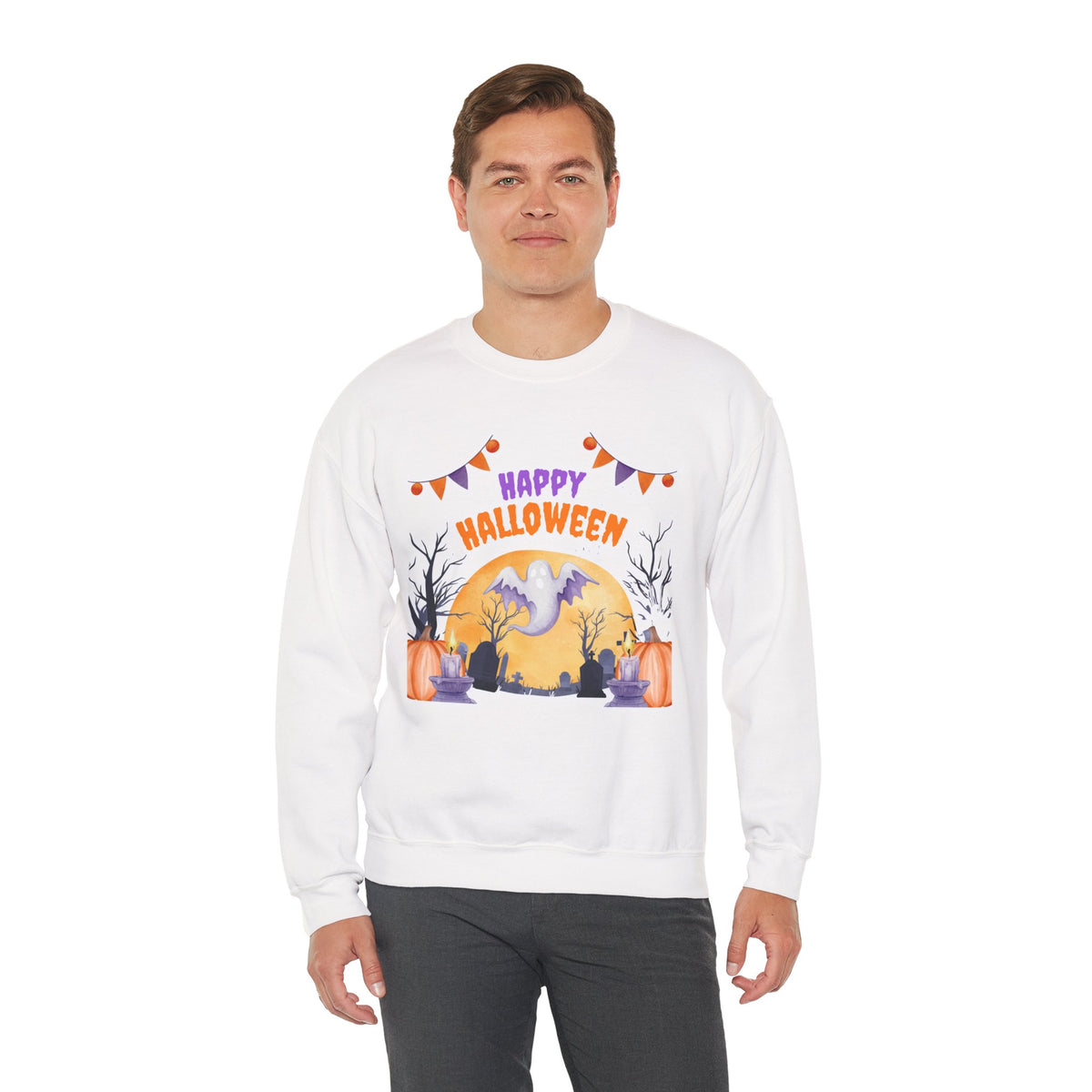 Happy Halloween Crewneck Sweatshirt — Cute Ghost Pumpkin Halloween Sweater