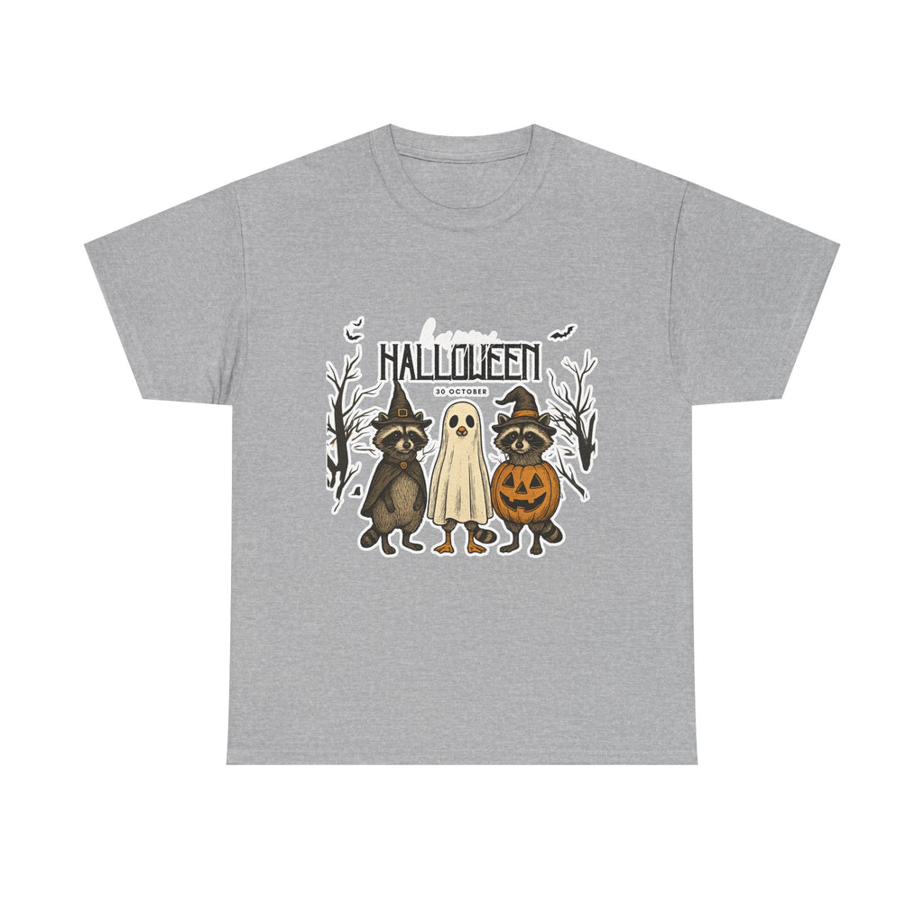 Halloween Raccoon Ghost Pumpkin T‑Shirt — Cute Spooky Costume Trio Tee