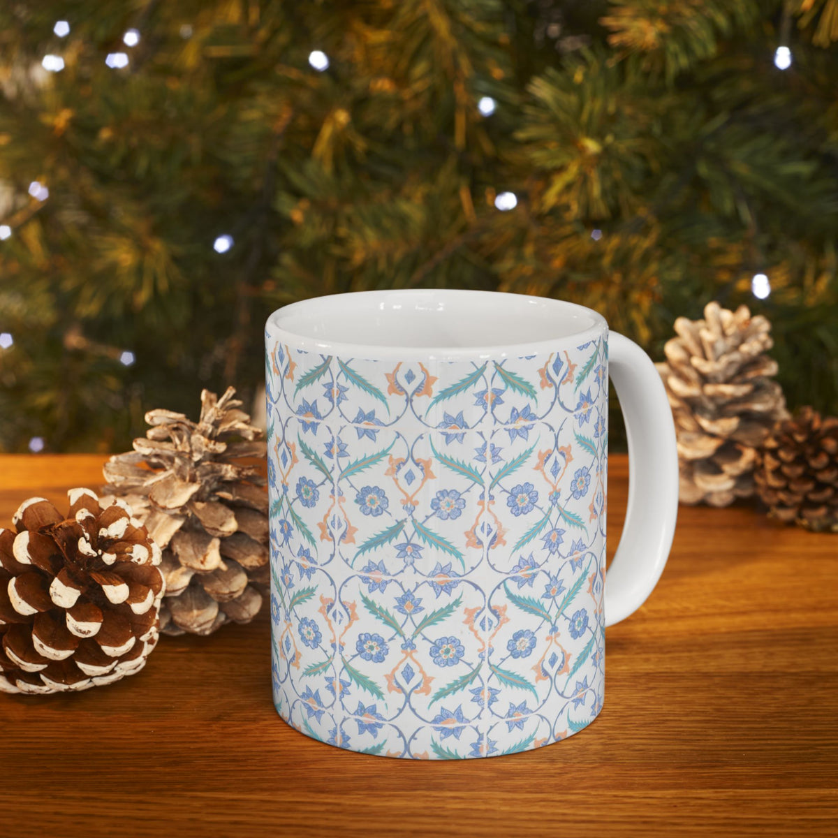 Floral Tile Pattern Ceramic Mug – Blue & Orange Decorative Coffee Cup (11oz/15oz)