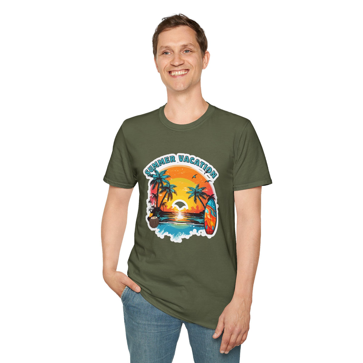 Summer Vacation T-Shirt – Tropical Sunset Surf Graphic