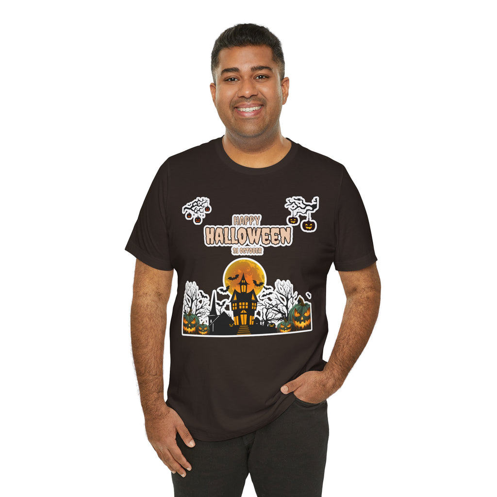 Halloween Haunted House T-Shirt — "Happy Halloween" Pumpkin Spooky Tee