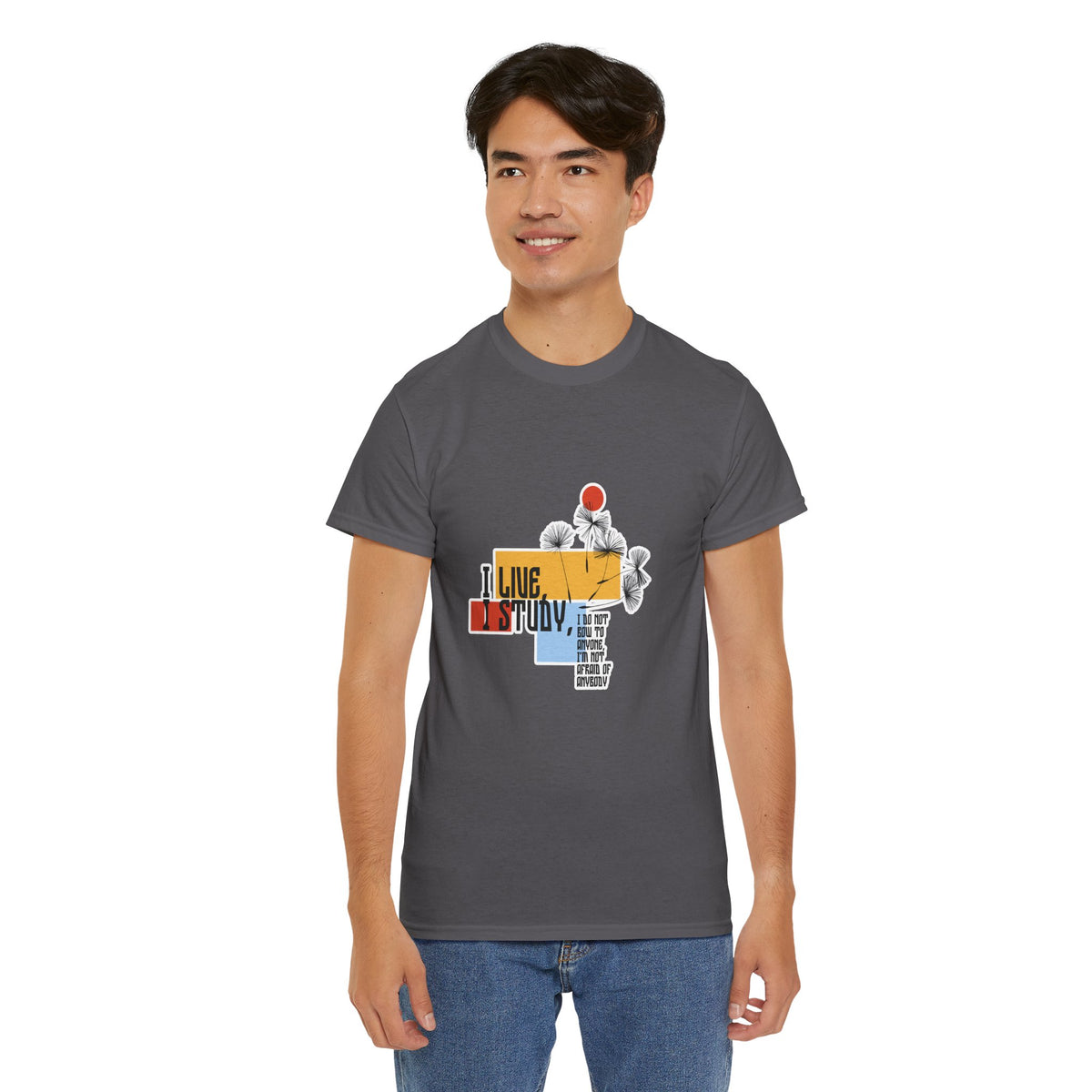 T-Shirt — I Live, I Study Graphic Tee (Minimalist Floral Collage)