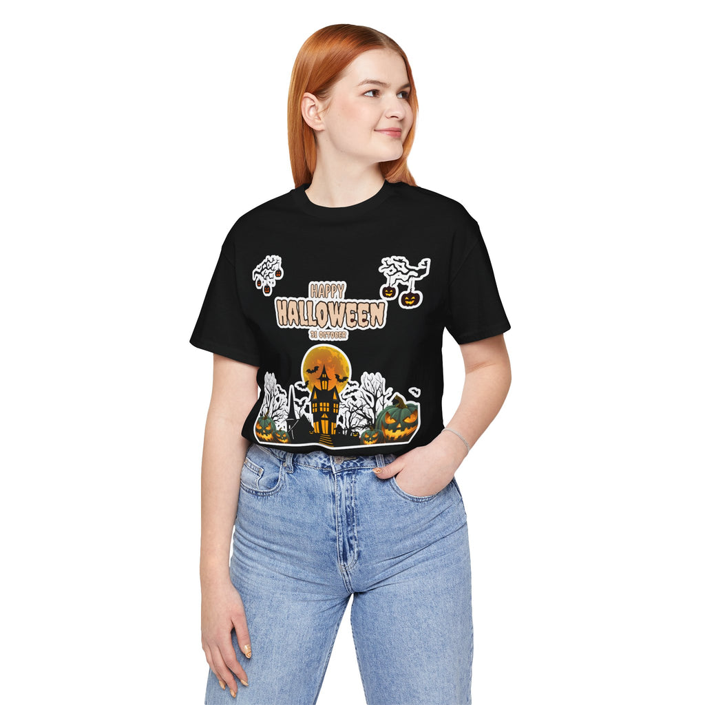 Halloween Haunted House T-Shirt — "Happy Halloween" Pumpkin Spooky Tee