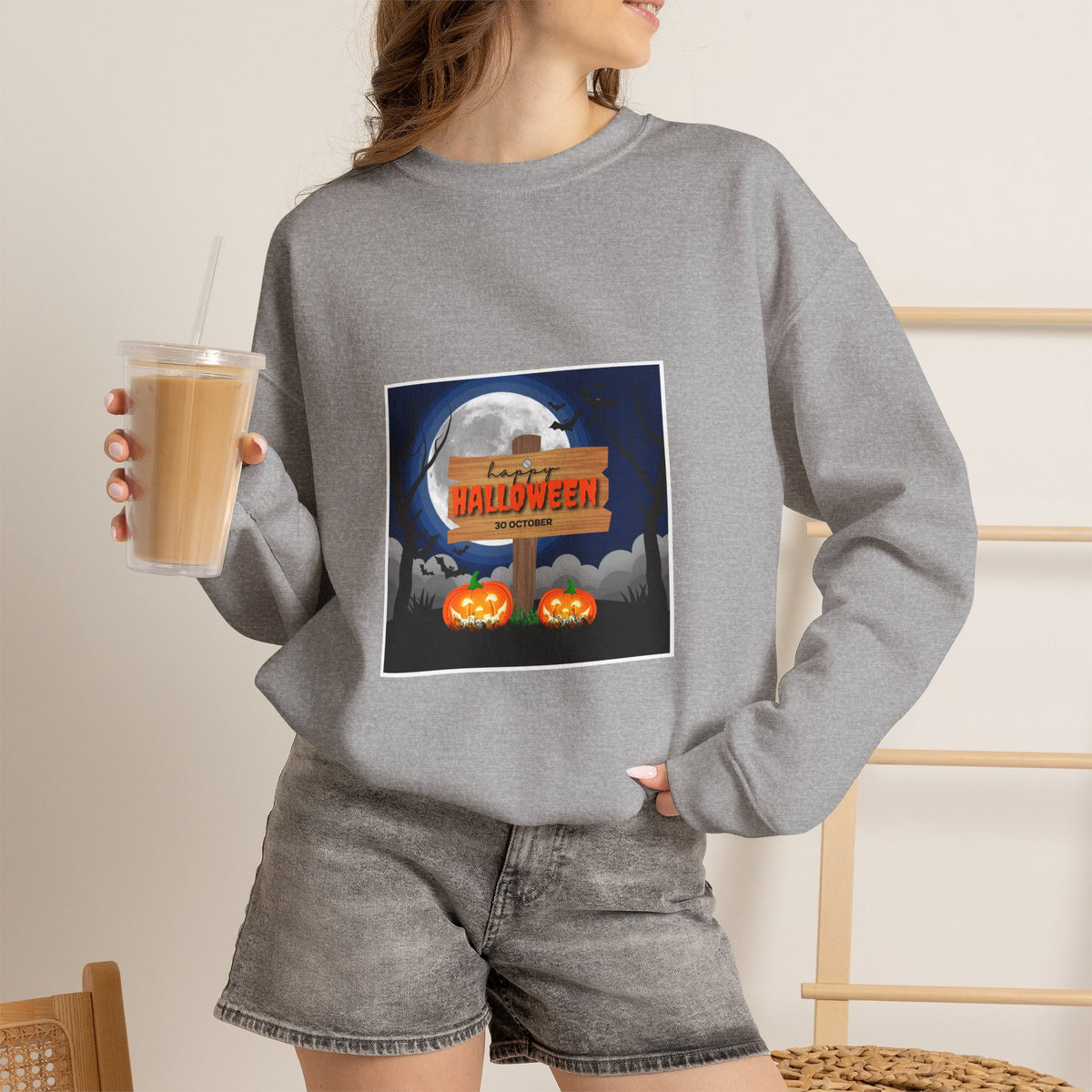 Halloween Crewneck Sweatshirt - Spooky Night Pumpkins Design
