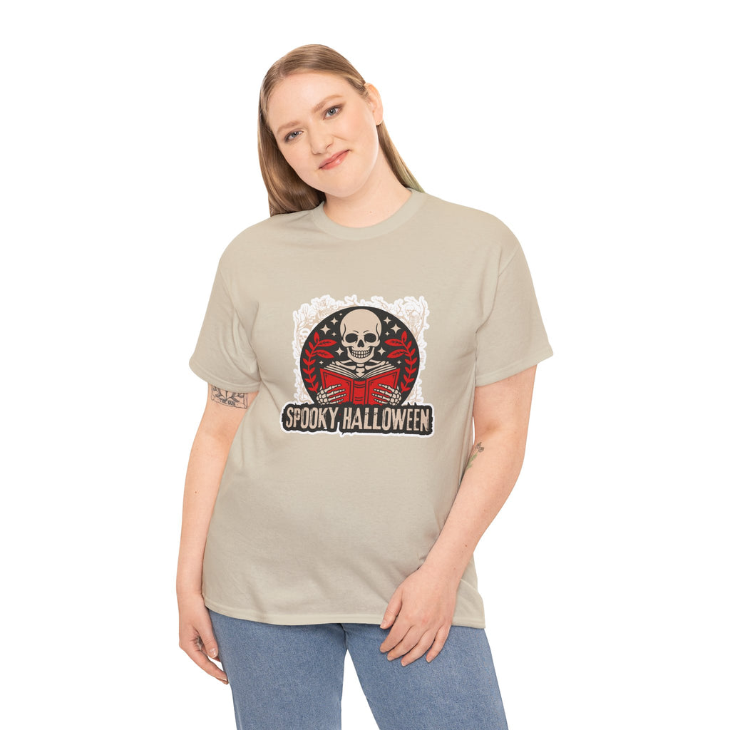 Spooky Halloween Skull Tee — Vintage Skeleton Reading Book Halloween T-Shirt