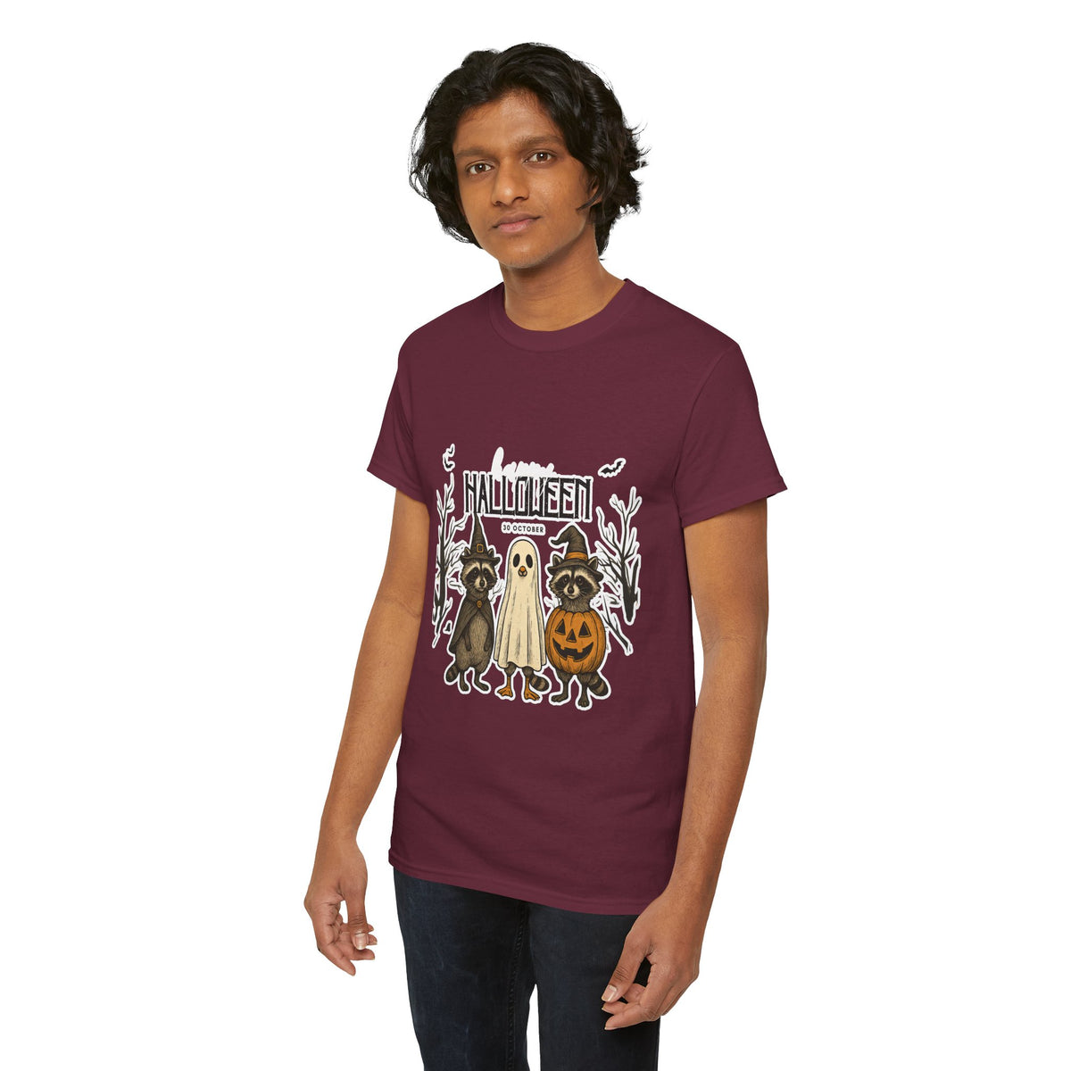 Halloween Raccoon Ghost Pumpkin T‑Shirt — Cute Spooky Costume Trio Tee