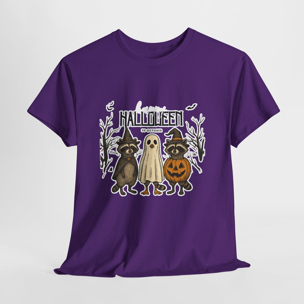 Halloween Raccoon Ghost Pumpkin T‑Shirt — Cute Spooky Costume Trio Tee