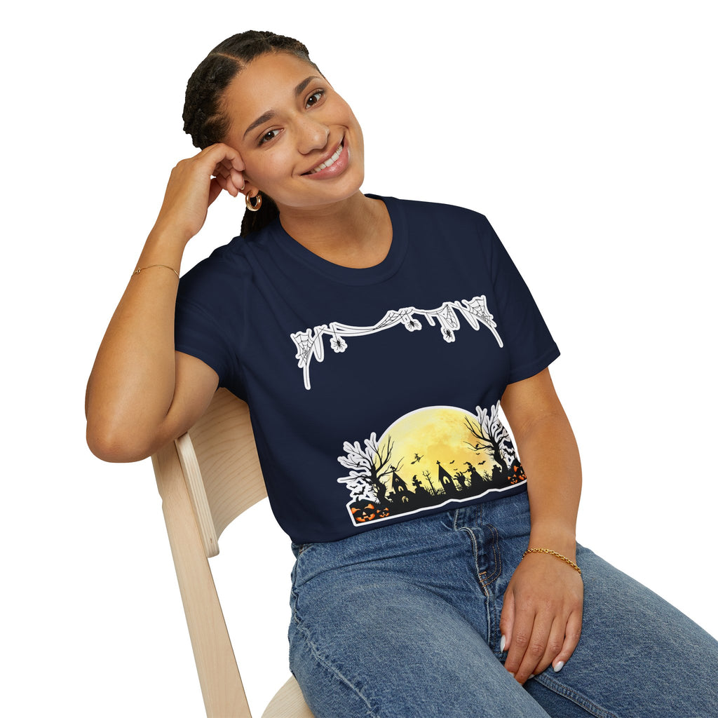 Halloween Moon Silhouette T-Shirt — Spooky Graveyard Pumpkin Scene