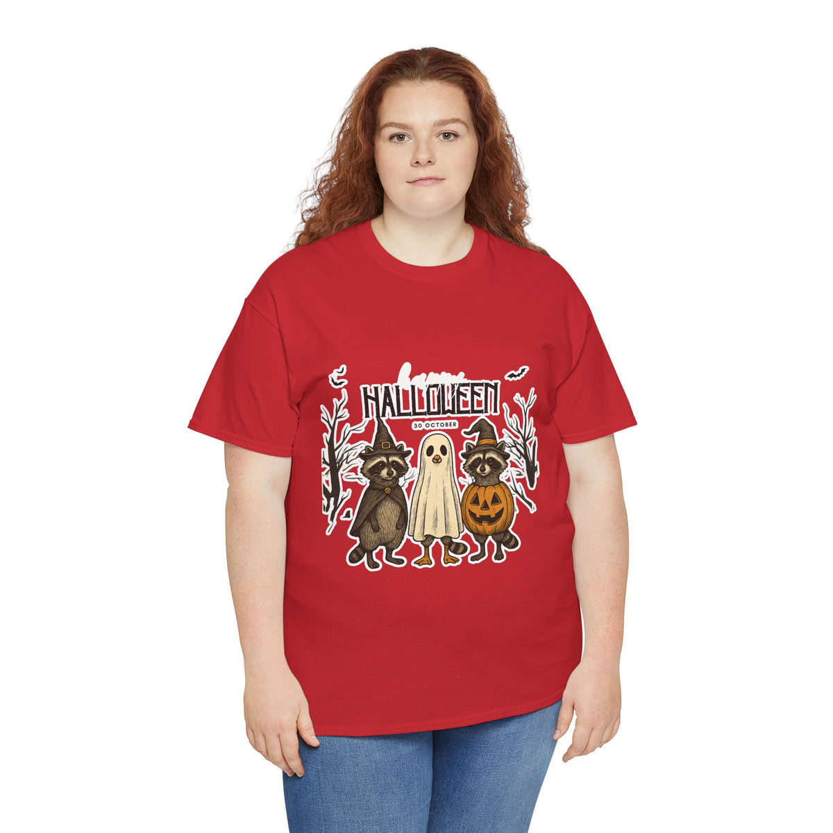 Halloween Raccoon Ghost Pumpkin T‑Shirt — Cute Spooky Costume Trio Tee