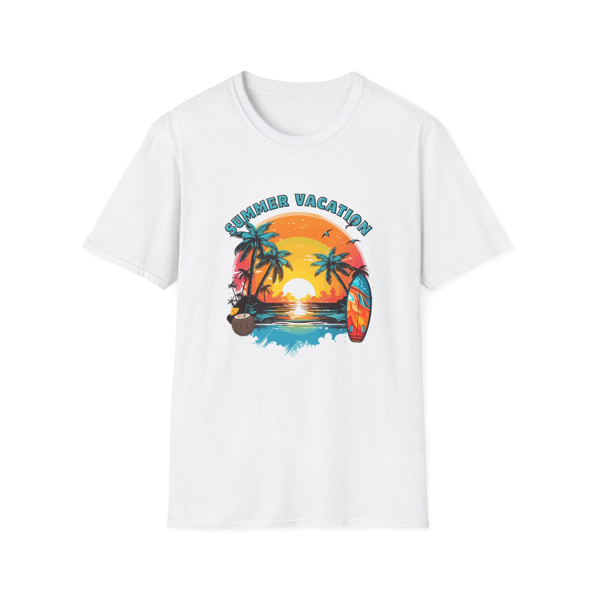 Summer Vacation T-Shirt – Tropical Sunset Surf Graphic