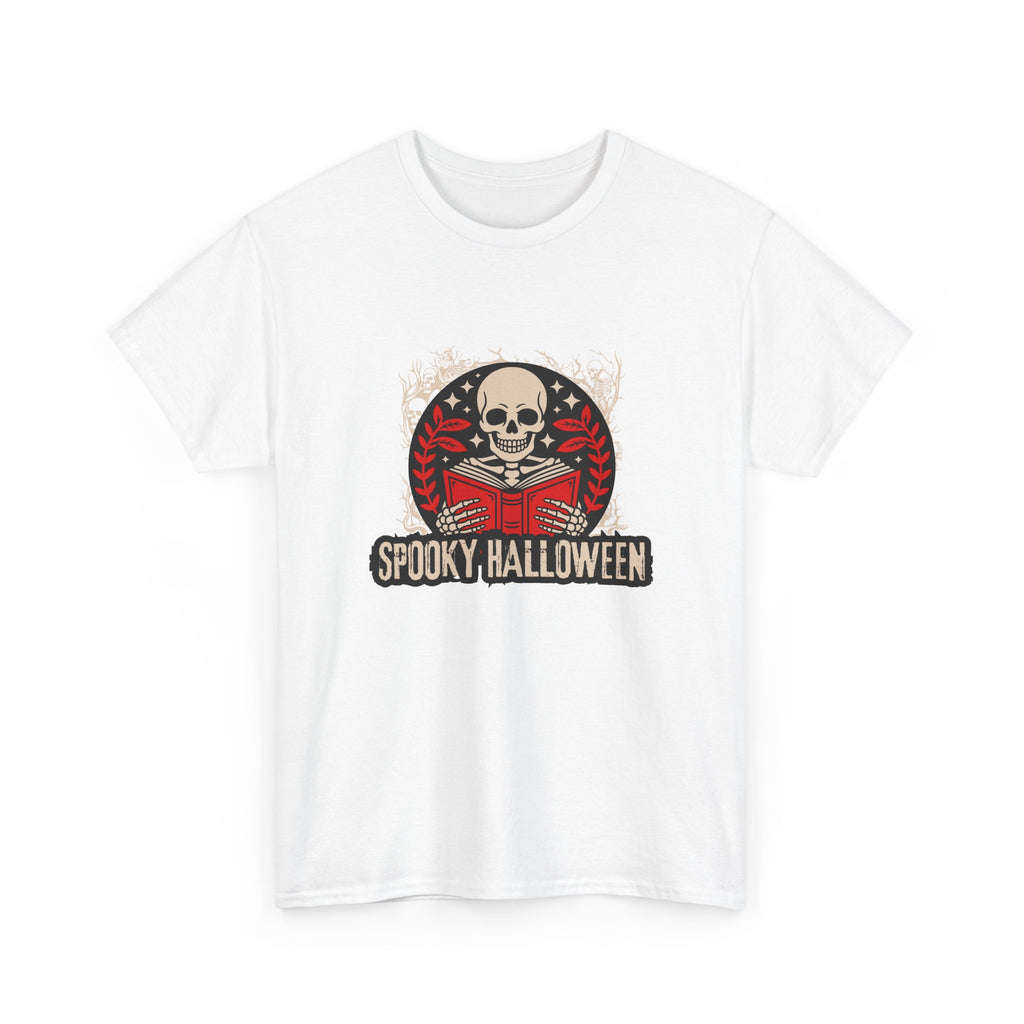 Spooky Halloween Skull Tee — Vintage Skeleton Reading Book Halloween T-Shirt