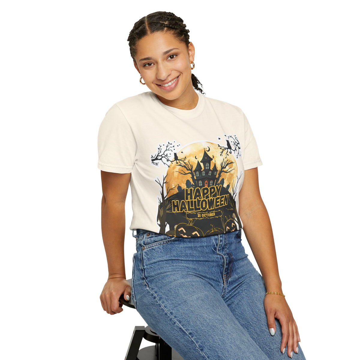 Halloween Haunted House T-Shirt — "Happy Halloween" Pumpkin Graphic Tee