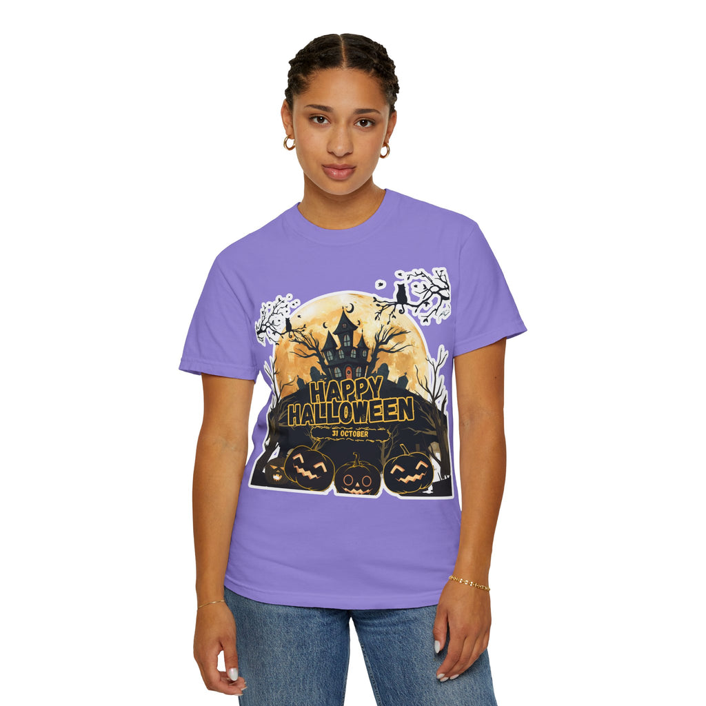 Halloween Haunted House T-Shirt — "Happy Halloween" Pumpkin Graphic Tee