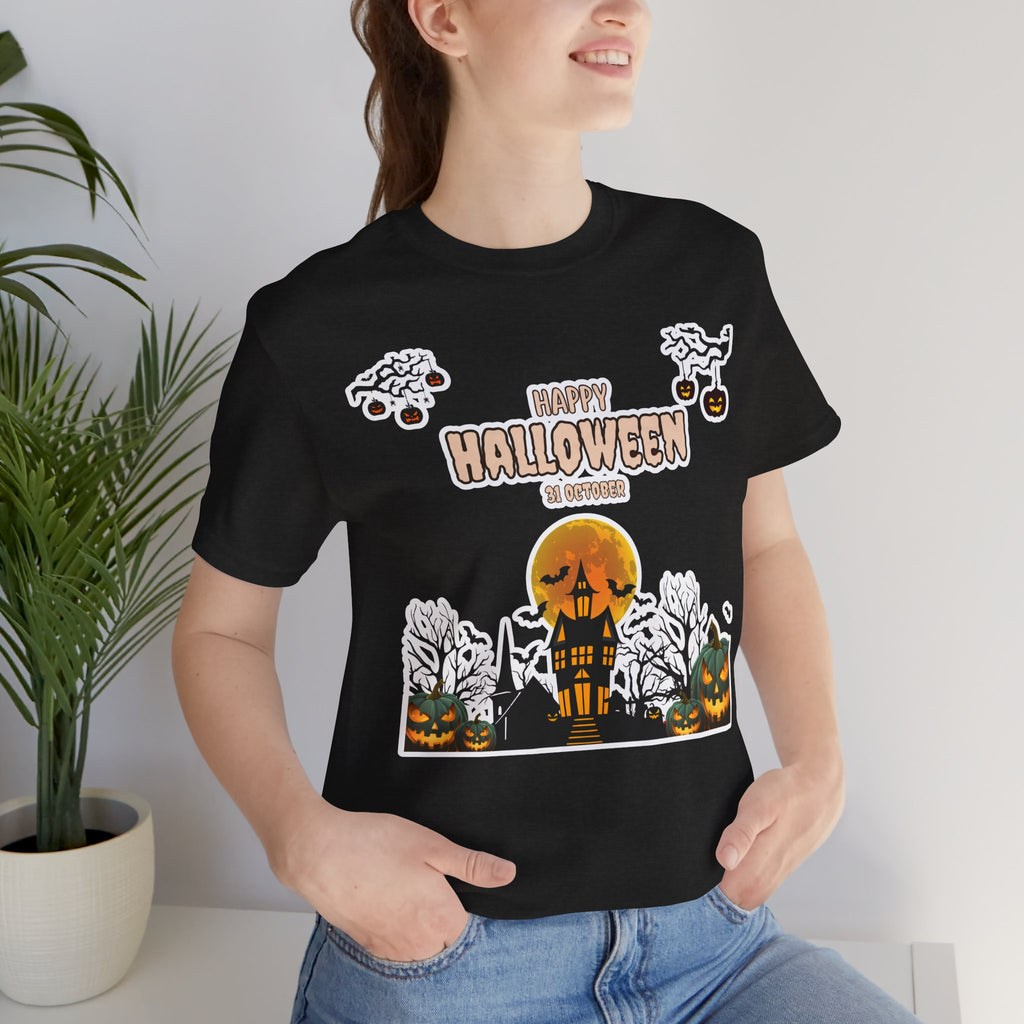 Halloween Haunted House T-Shirt — "Happy Halloween" Pumpkin Spooky Tee