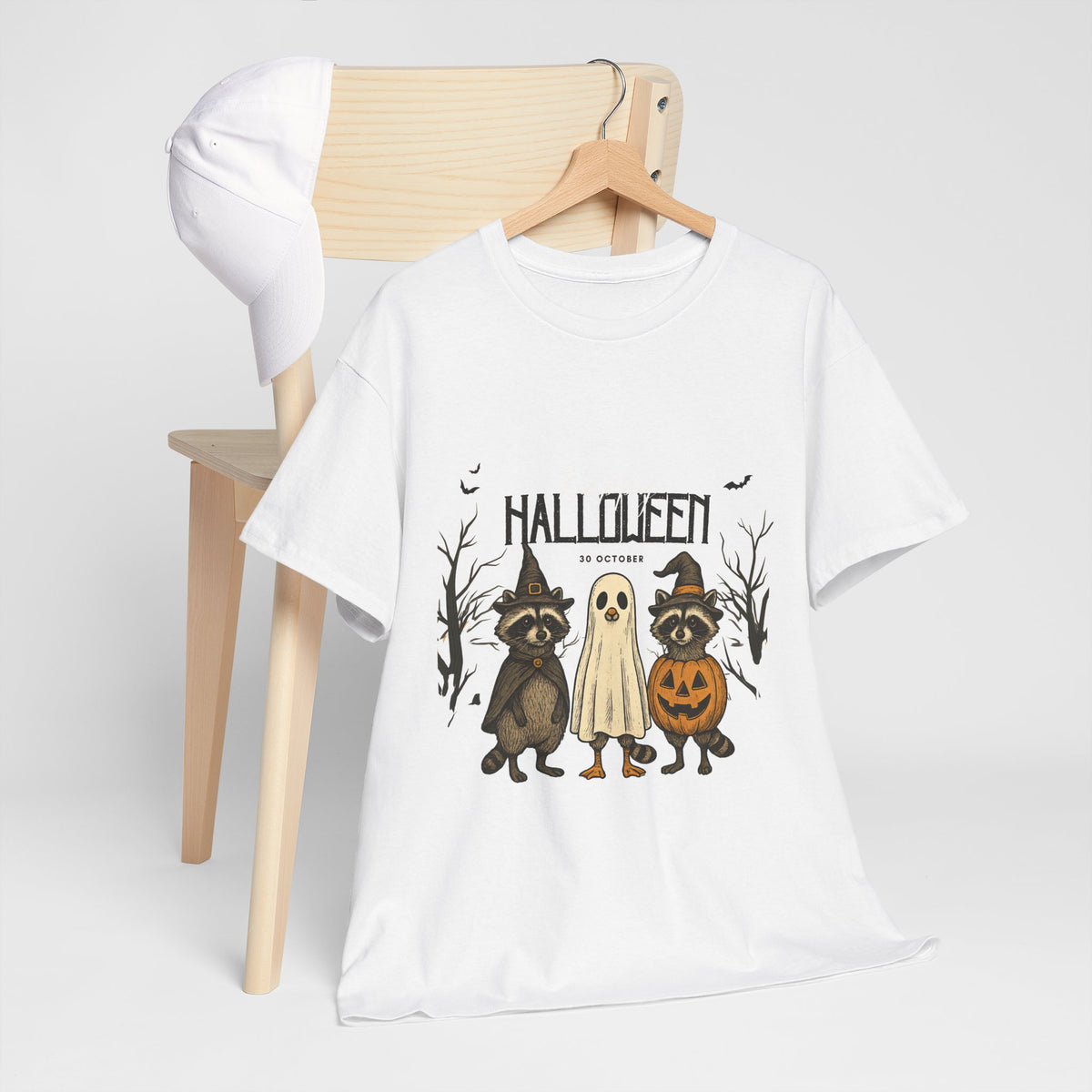 Halloween Raccoon Ghost Pumpkin T‑Shirt — Cute Spooky Costume Trio Tee