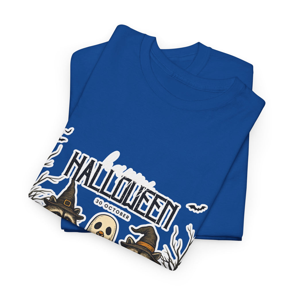 Halloween Raccoon Ghost Pumpkin T‑Shirt — Cute Spooky Costume Trio Tee